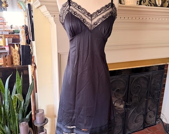 Vintage 1960s Black Lace Slip Dress Slipperfection Nylon Nightgown Sheer Bodice Dark Feminine Gothic Lingerie Size 36