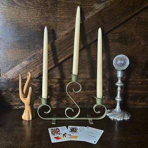 Vintage wrought iron candelabra, avocado green, altar candle holder, gothic home decor