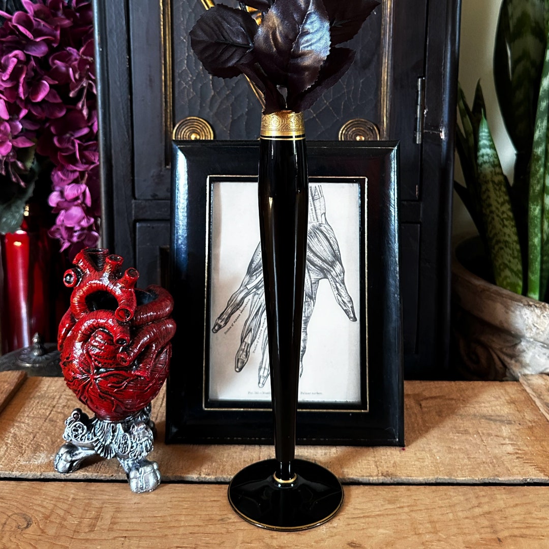 Vintage Black Glass Bud Vase Gold Trim Gothic Home Decor Etsy