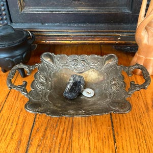 Vintage offering plate, silver plated square plate with handles, footed altar plate, alter decor, witchy things