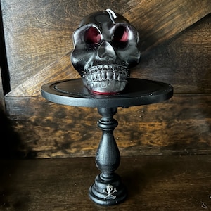 Black skull bleeding candle and stand, gothic home decor, altar decor, altar candle