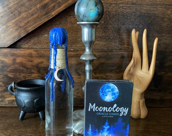 Moon spell kit, Moonology tarot cards, labradorite crystal ball with stand, full moon water, witch gift set