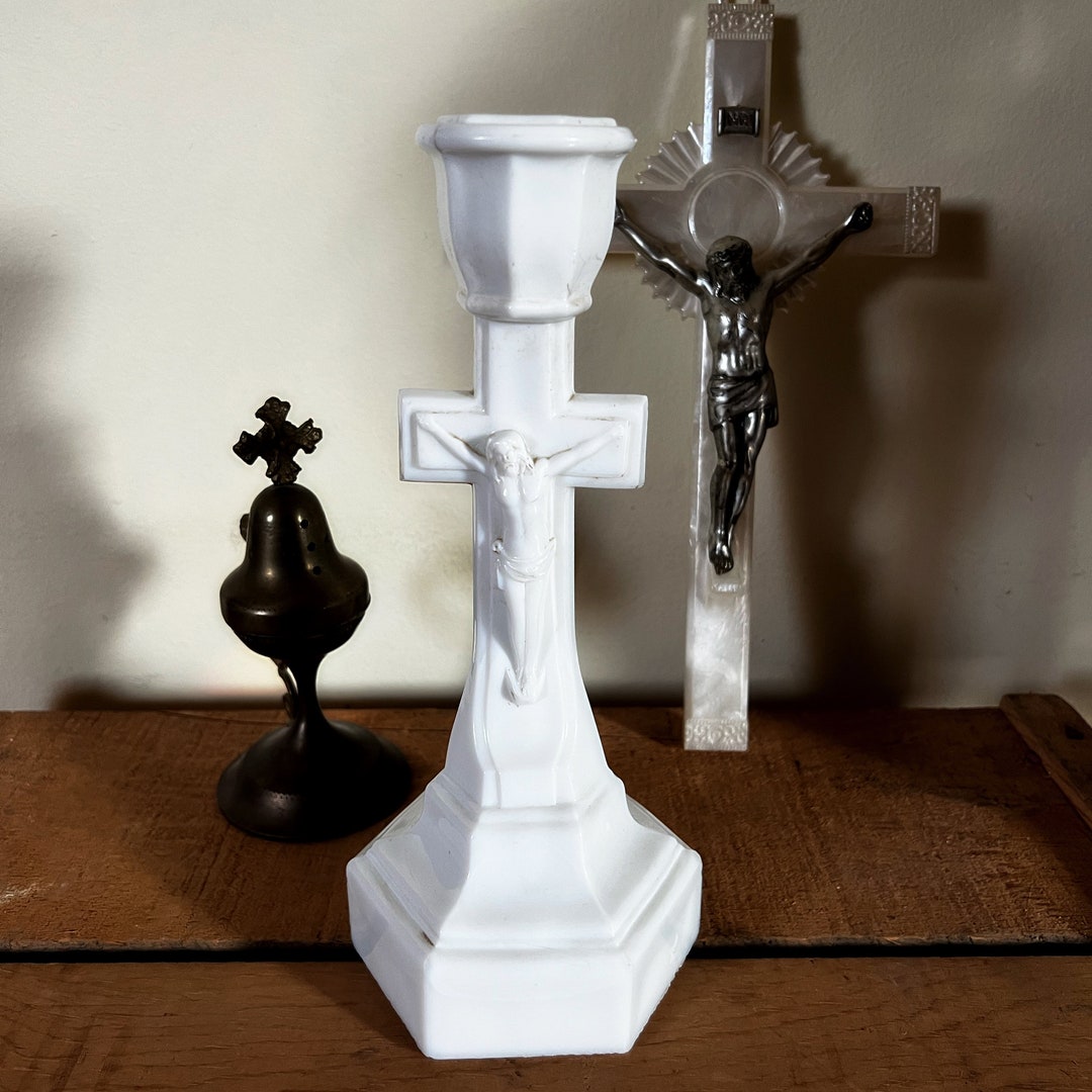 Vintage Crucifix Candle Holder, Milk Glass, Vintage Religious Decor Etsy
