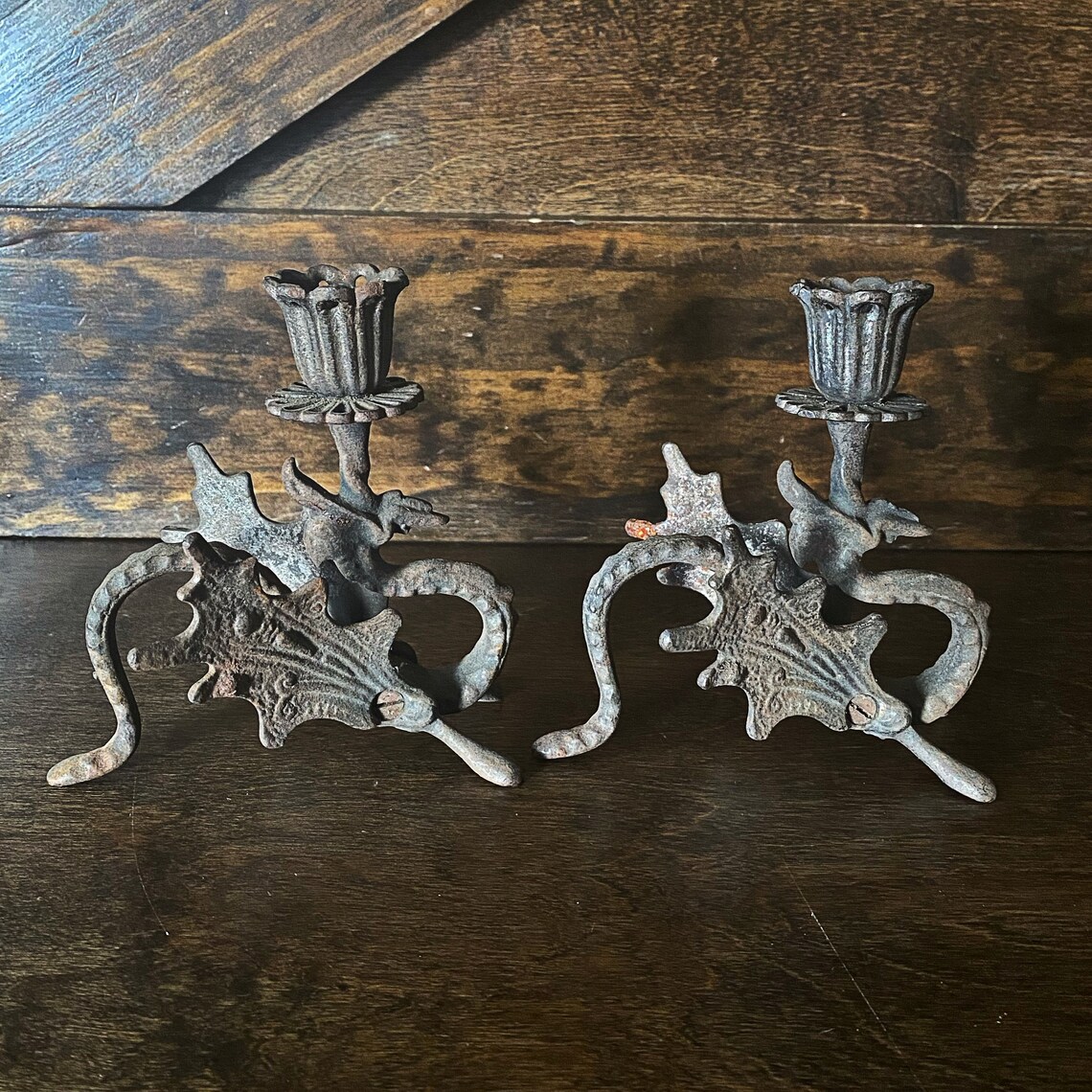 Antique Dragon Candle Holders Vintage Cast Iron Dragons Etsy