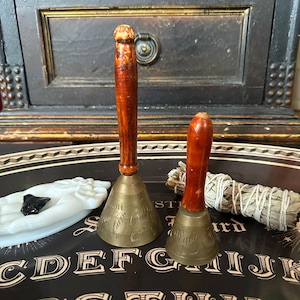 Vintage brass bell set, spell bells, altar tools, the bell, meditation bells, cottagecore decor, etched brass hand bell