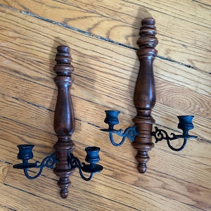 Pair of vintage wood and cast iron candle sconces, wall sconce, vintage gothic decor, dark cottagecore decor, goth home decor