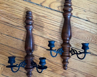 Vintage Wood & Cast Iron Candle Sconces: Gothic Home Decor Pair