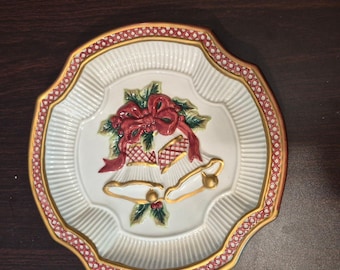 Fitz and Floyd Essentials Holiday Bells Canape Plate Ceramic White Red