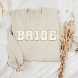 BRIDE Sweatshirt, Printed Faux Chenille Bride Crewneck Sweatshirt, Honeymoon Sweater, Bride Gift, Bridal Party gift, Gift for Bride