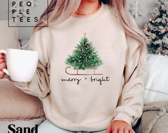 Merry + Bright Sweatshirt, Christmas Tree Sweatshirt, Christmas shirt for Women Christmas Sweatshirt Merry Christmas sweater, Christmas Gift