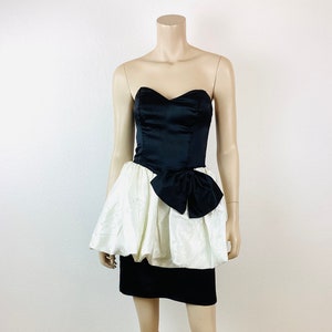 Vintage 1980s BLACK & WHITE BUBBLE Skirt Strapless Bustier Prom Cocktail Dress