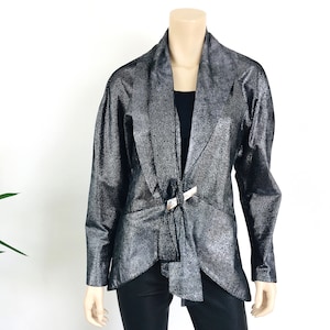 Vintage 1980s BLACK & SILVER METALLIC Leather Artisan Made Jacket and Skirt Suit