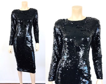 Vintage 1980s Black LIQUID SEQUIN BEADED Body Con Cocktail Dress