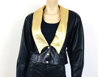 Vintage 1980s GOLD METALLIC & BLACK Leather Cropped Bomber Jacket