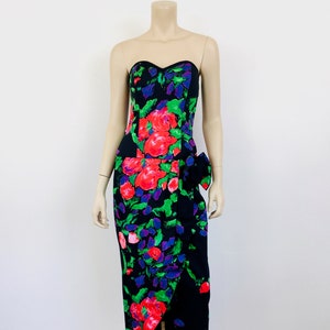 Vintage 1980s COLORFUL Black FLORAL Print Strapless Cotton Bustier Top Dress