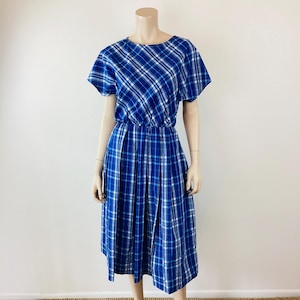 Vintage 1980s NAVY BLUE & WHITE Plaid Dress