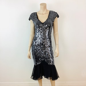 Vintage 1980s METALLIC SILVER & Black SEQUIN Ruffle Mermaid Hem Disco Party Dress