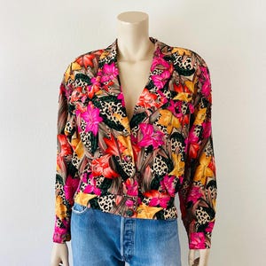 Vintage 1980s LEOPARD & FLORAL Print Silk Jacket