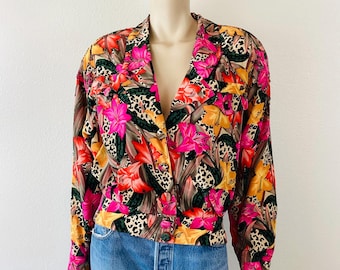 Vintage 1980s LEOPARD & FLORAL Print Silk Jacket