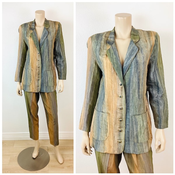 Vintage 1990s OMBRE STRIPED PLATINUM Dorothy Schoelen 2pc Suit / Blazer Jacket & Pleated Trousers Pants