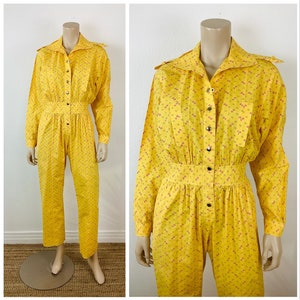 Vintage 1980s YELLOW COTTON Snap Front French One Piece Jumpsuit