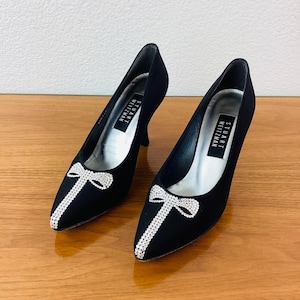 Vintage 1980s STUART WEITZMAN Black & CRYSTAL Bow Embellished High Heel Shoes / Heels Sz 7.5
