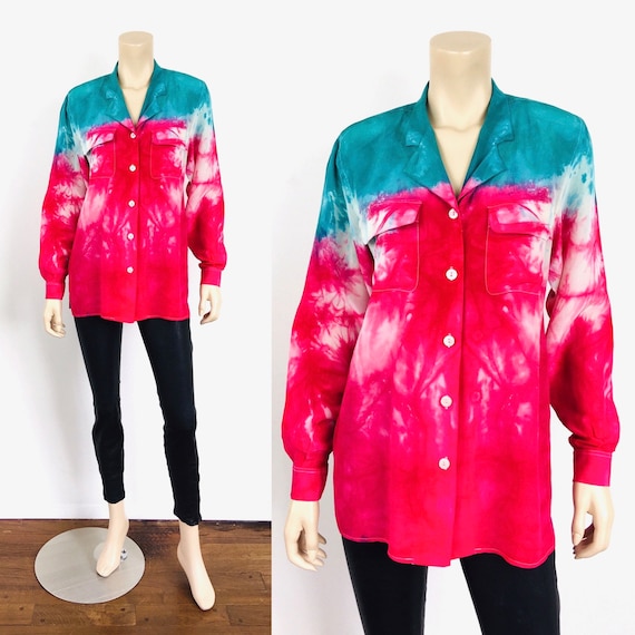 Vintage 1980s TIE DYE Effect SILK Oversized Pajam… - image 1