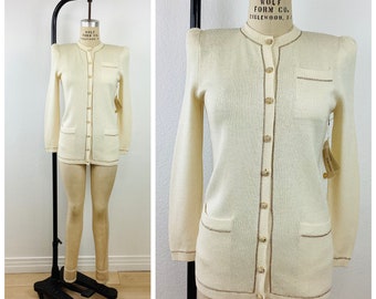 Vintage ST JOHN KNITS Cream & Gold Metallic Rhinestone Button Jacket Top