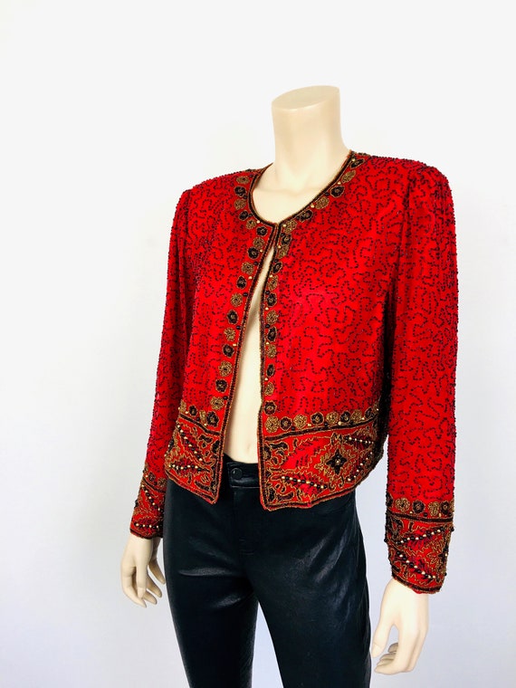 Vintage 1980s Cherry RED Silk & BLACK BEADED Top … - image 4