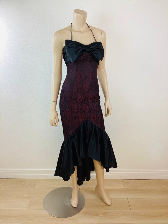 Vintage 1980s BLACK LACE & SATIN Mermaid Hi Lo Pa… - image 5