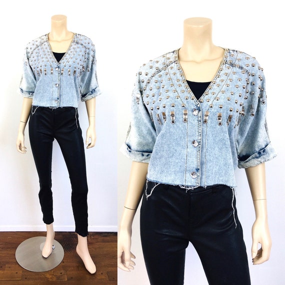 Vintage 1980s STUDDED ACID WASH Cropped Denim Emb… - image 1