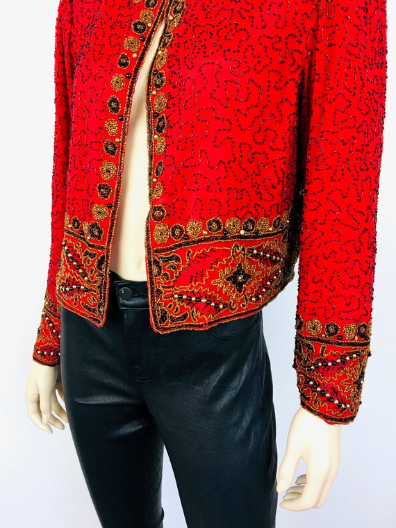 Vintage 1980s Cherry RED Silk & BLACK BEADED Top … - image 5