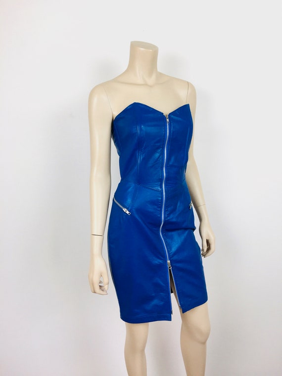 Vintage 1980s ELECTRIC BLUE LEATHER Strapless Bus… - image 8