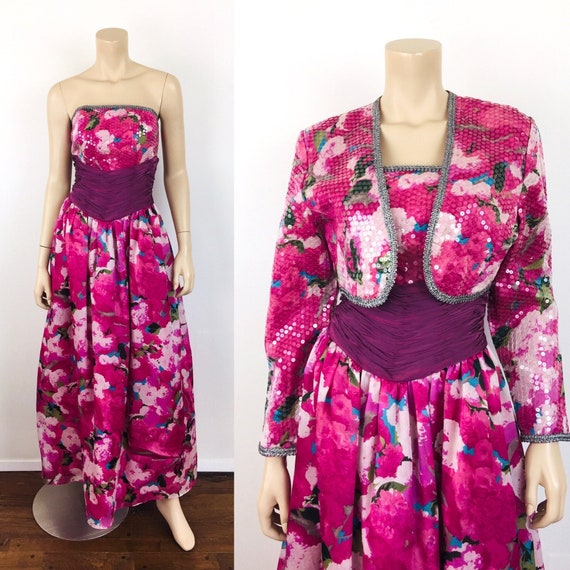 Vintage 1980s STRAPLESS PINK Silk FLORAL Dress & … - image 1