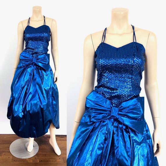 Vintage 1980s METALLIC BLUE SEQUIN Pouffy Party Pr