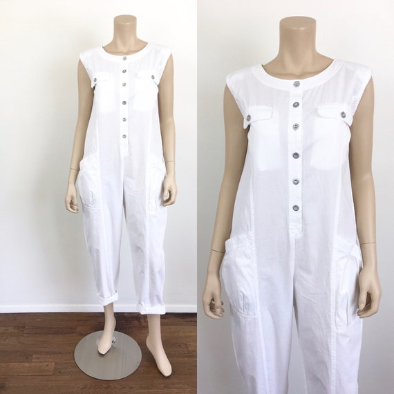 Vintage 1980s WHITE COTTON Loose Fit Jumpsuit