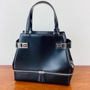 Vintage 1990s SALVATORE FERRAGAMO Black LEATHER Top Handle Bag / Purse