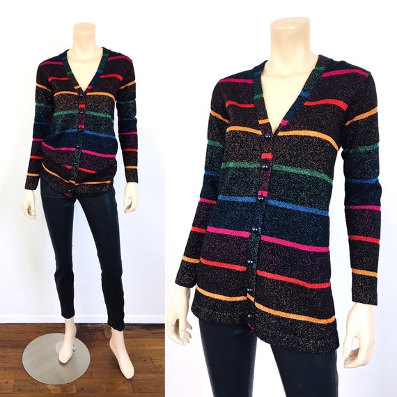 Vintage 1980s RAINBOW METALLIC Stripe Cardigan Swe