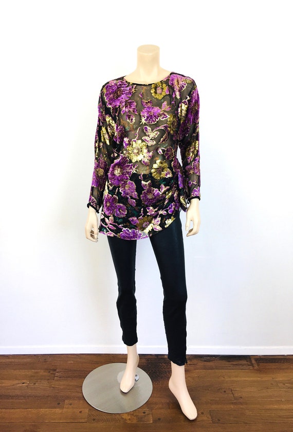 Vintage 1980s BURNOUT Silk VELVET & Gold METALLIC… - image 2