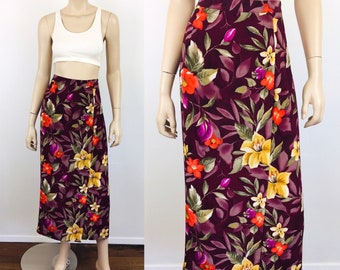 Vintage 1990s SILK FLORAL PRINT High Slit Faux Wrap Skirt