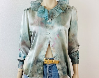 Vintage 1980s TIE DYE SILK Charmeuse Ruffled Organza Collar Blouse