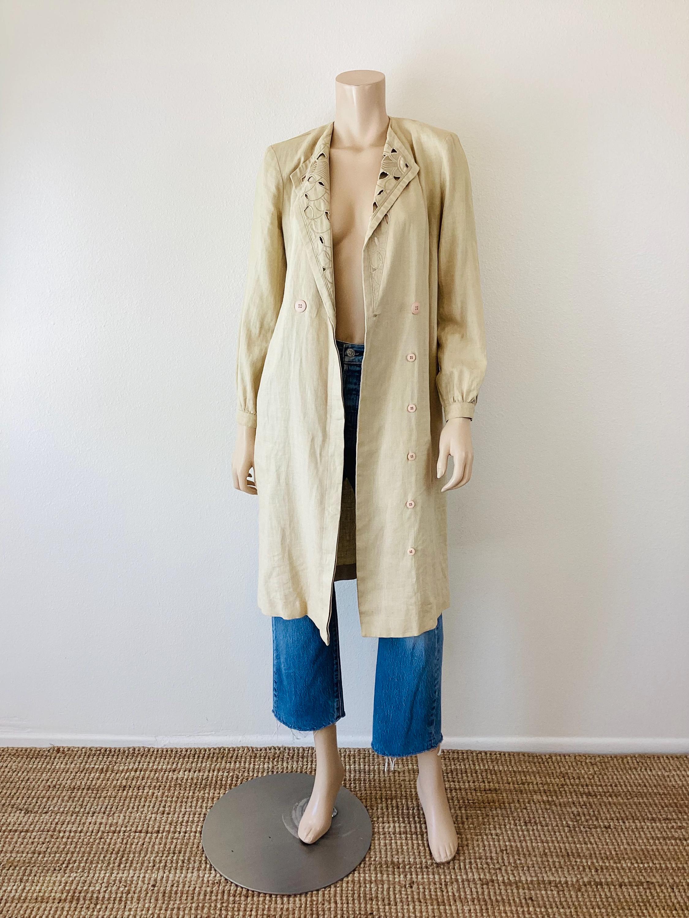 Vintage 1970s EMBROIDERED CUTWORK Collar Tan LINEN Duster Jacket