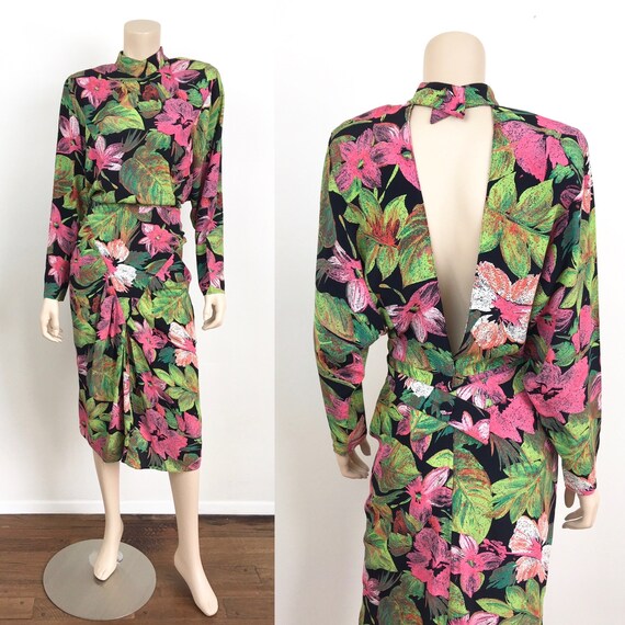 Vintage 1980s TROPICAL FLORAL Print Batwing Sleeve