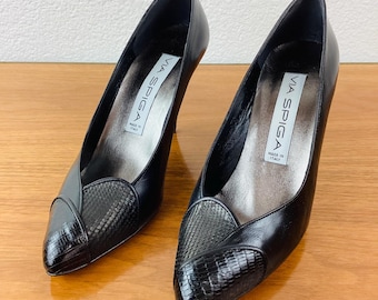 Vintage 1990s VIA SPIGA Black LEATHER Snakeskin Heel Shoes / New in Box / Sz 7