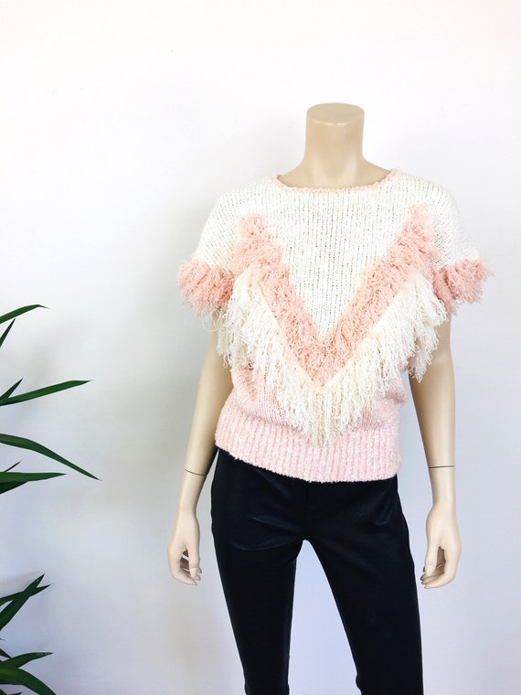 Vintage 1980s BLUSH PINK Chevron FRINGE Sweater T… - image 3