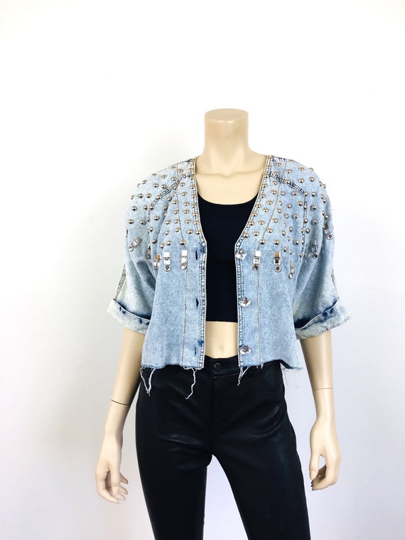 Vintage 1980s STUDDED ACID WASH Cropped Denim Emb… - image 4