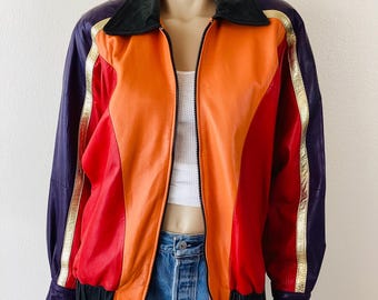 Vintage 1980s COLORFUL LEATHER & GOLD Metallic Color Block Bomber Jacket