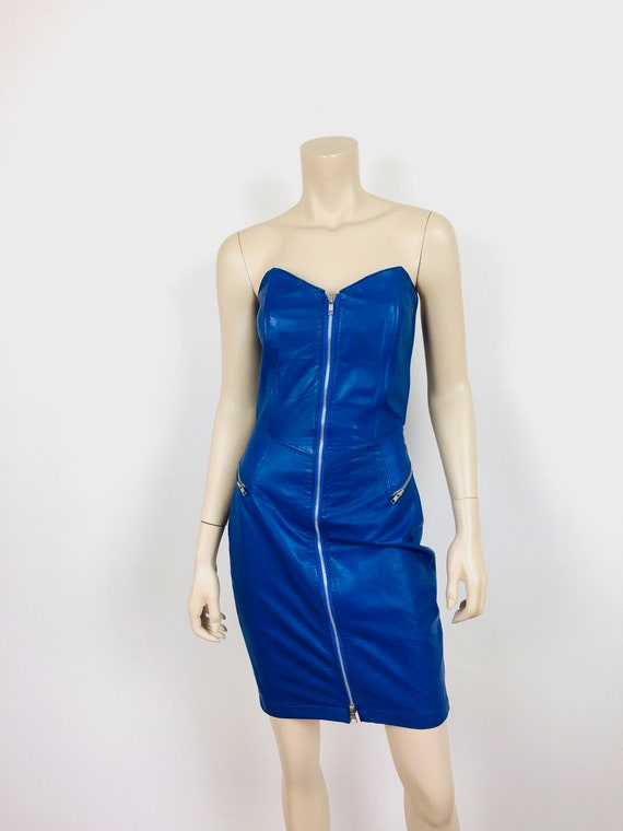 Vintage 1980s ELECTRIC BLUE LEATHER Strapless Bus… - image 3