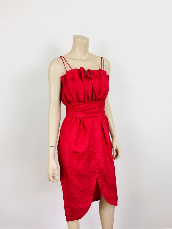 Vintage 1980s RED PLEATED Bust CRINKLED Party Dre… - image 7