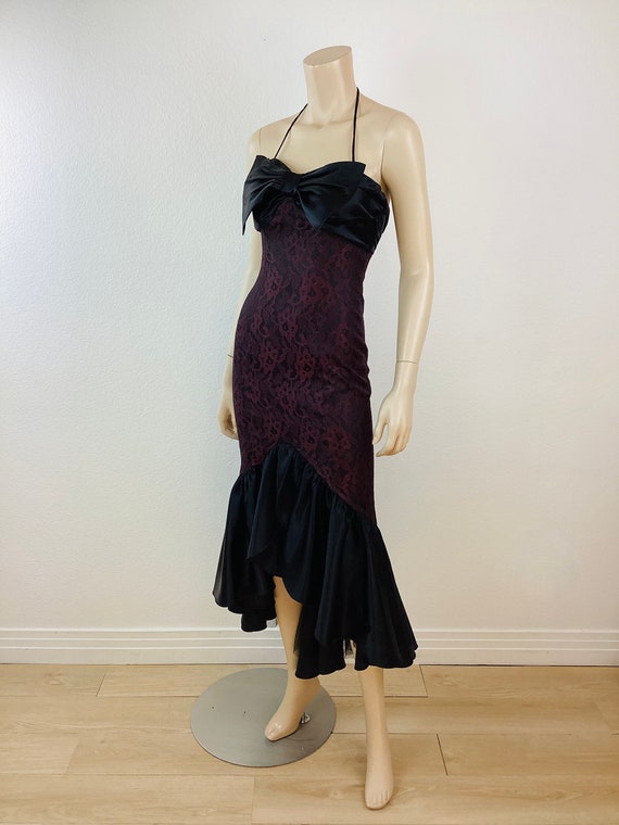 Vintage 1980s BLACK LACE & SATIN Mermaid Hi Lo Pa… - image 8